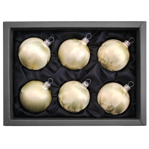 6er Set Christbaumkugeln aus Glas in einem matten Lind grün Ice Design mit 6cm Durchmesser in einem schwarzen Naturkarton