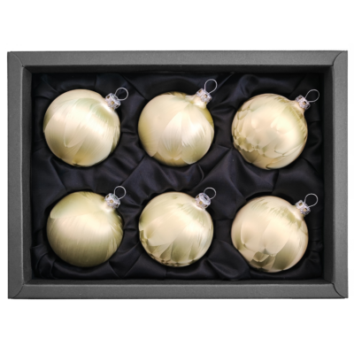 6er Set Christbaumkugeln aus Glas in einem matten Lind grün Ice Design mit 6cm Durchmesser in einem schwarzen Naturkarton