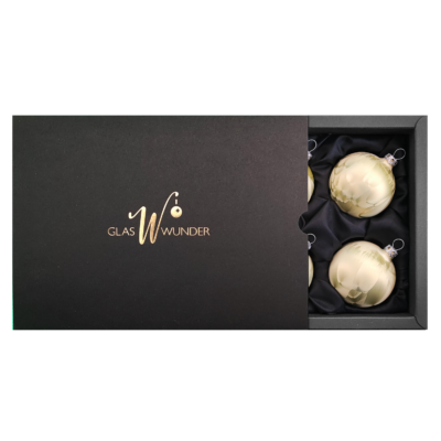 6er Set Christbaumkugeln aus Glas in einem matten Lind grün Ice Design mit 6cm Durchmesser in einer schwarzen Verpackung mit goldenem GlasWunder Logo