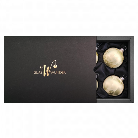 6er Set Christbaumkugeln aus Glas in einem matten Lind grün Ice Design mit 6cm Durchmesser in einer schwarzen Verpackung mit goldenem GlasWunder Logo