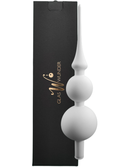 Christbaumspitze aus Glas mit 31cm Durchmesser in einem matten Softweiß und schwarzer Verpackung mit goldenem GlasWunder Logo