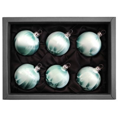 6er Set Christbaumkugeln aus Glas mit 6cm Durchmesser in einem mint grün Ice Design in einem schwarzen Naturkarton