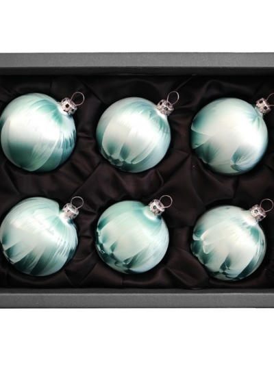 6er Set Christbaumkugeln aus Glas mit 6cm Durchmesser in einem mint grün Ice Design in einem schwarzen Naturkarton