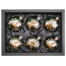 6er Set Christbaumkugeln aus Glas mit 6cm Durchmesser in einem seidenmatten Khakigrün mit Beerenranken in schwarzem Naturkarton