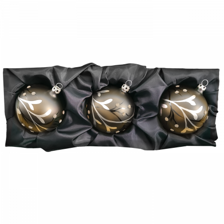 3er Set Christbaumkugeln mit 8cm Durchmesser in einem seidenmatten Khakigrün mit Beerenranken in einem schwarzen Seidentuch