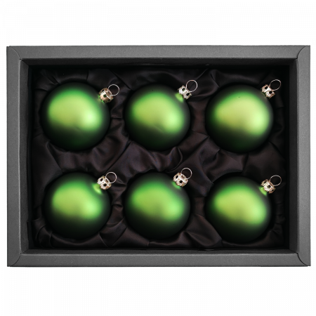 6er Set Christbaumkugeln mit 6cm Durchmesser in Moosgrün matt in einem schwarzem Naturkarton