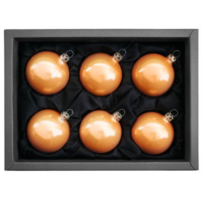 6er Set Christbaumkugeln aus Glas mit 6cm Durchmesser in Caramel Opal in schwarzem Naturkarton