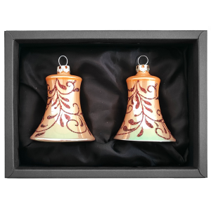 2er Set Glocken aus Glas mit 5cm Durchmesser in Caramel Opal und Blütenranken in schwarzem Naturkarton