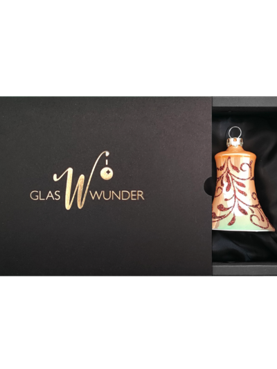 2er Set Glocken aus Glas mit 5cm Durchmesser in Caramel Opal und Blütenranken in einer schwarzen Verpackung mit goldenem GlasWunder Logo