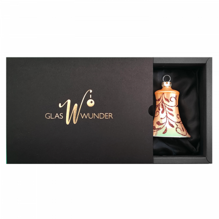 2er Set Glocken aus Glas mit 5cm Durchmesser in Caramel Opal und Blütenranken in einer schwarzen Verpackung mit goldenem GlasWunder Logo