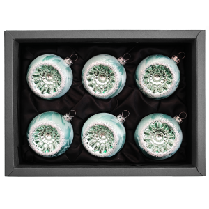 6er Set Christbaumkugeln aus Glas in einem mint grün Ice Vintage Design mit 6cm Durchmesser in einem schwarzen Naturkarton