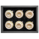 6er Set Christbaumkugeln aus Glas in einem lind grün Ice Vintage Design mit 6cm Durchmesser in einem schwarzen Naturkarton