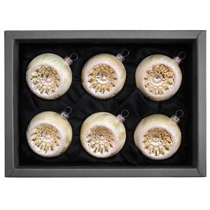 6er Set Christbaumkugeln aus Glas in einem lind grün Ice Vintage Design mit 6cm Durchmesser in einem schwarzen Naturkarton