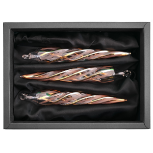 3er Set gedrehte Zapfen aus Glas in einem transparenten Look und 24 Karat Gold Linien mit 11cm Durchmesser n einem schwarzen Naturkarton