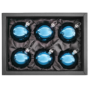 6er Set Christbaumkugeln aus Glas in Azurblau glänzend mit 6cm Durchmesser in einem schwarzen Naturkarton