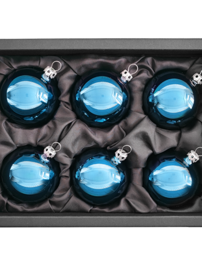 6er Set Christbaumkugeln aus Glas in Azurblau glänzend mit 6cm Durchmesser in einem schwarzen Naturkarton