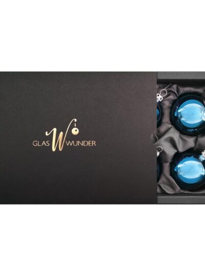 6er Set Christbaumkugeln aus Glas in Azurblau glänzend mit 6cm Durchmesser in einer schwarzen Verpackung mit goldenem GlasWunder Logo