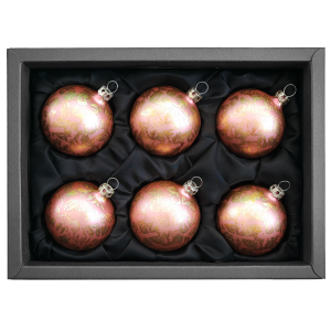 6er Set Christbaumkugeln aus Glas in einem matten Rosatraum und einem Softeffekt mit 6cm Durchmesser in einem schwarzen Naturkarton