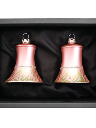 2er Set Christbaumglocken aus Glas in einem matten Rosatraum und einem Softeffekt mit 5cm Durchmesser in einem schwarzen Naturkarton