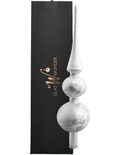 Christbaumspitze aus Glas in einem weißen Softeffekt mit 31cm Durchmesser vor einer schwarzen Verpackung und einem GlasWunder Logo