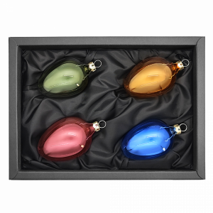 4er Set Ostereier aus Glas in transparent grün, orange, rot und blau mit 6cm Durchmesser in schwarzem Naturkarton