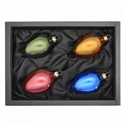 4er Set Ostereier aus Glas in transparent grün, orange, rot und blau mit 6cm Durchmesser in schwarzem Naturkarton