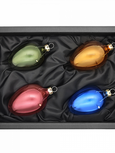 4er Set Ostereier aus Glas in transparent grün, orange, rot und blau mit 6cm Durchmesser in schwarzem Naturkarton