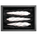 3er Set gedrehte Zapfen aus Glas in weiß Eis mit 11cm Durchmesser in einem schwarzen Naturkarton