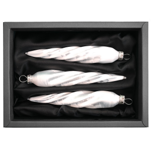 3er Set gedrehte Zapfen aus Glas in weiß Eis mit 11cm Durchmesser in einem schwarzen Naturkarton