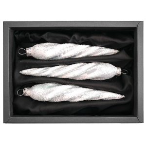 3er Set gedrehte Zapfen aus Glas in weiß Eis geglittert mit 11cm Durchmesser in einem schwarzen Naturkarton