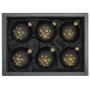 6er Set Weihnachtskugeln aus Glas mit 6cm Durchmesser in schwarz matt mit Weihnachtssternmuster in schwarzem Naturkarton