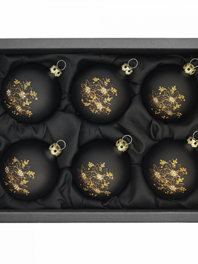6er Set Weihnachtskugeln aus Glas mit 6cm Durchmesser in schwarz matt mit Weihnachtssternmuster in schwarzem Naturkarton