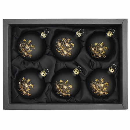 6er Set Weihnachtskugeln aus Glas mit 6cm Durchmesser in schwarz matt mit Weihnachtssternmuster in schwarzem Naturkarton