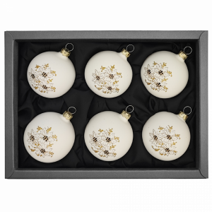 6er Set Christbaumkugeln aus Glas in softweiß matt mit Weihnachtssternmuster, 6cm Durchmesser und in schwarzem Naturkarton