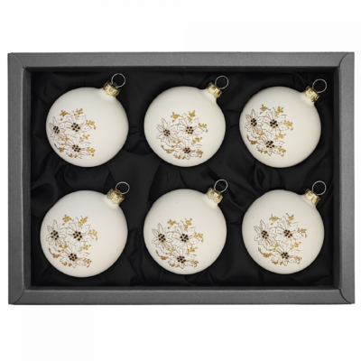 6er Set Christbaumkugeln aus Glas in softweiß matt mit Weihnachtssternmuster, 6cm Durchmesser und in schwarzem Naturkarton