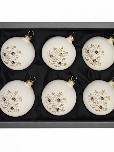 6er Set Christbaumkugeln aus Glas in softweiß matt mit Weihnachtssternmuster, 6cm Durchmesser und in schwarzem Naturkarton