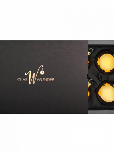 6er Set Christbaumkugeln in hochglanz gold mit 6cm Durchmesser in schwarzer Verpackung mit goldenem GlasWunder Logo