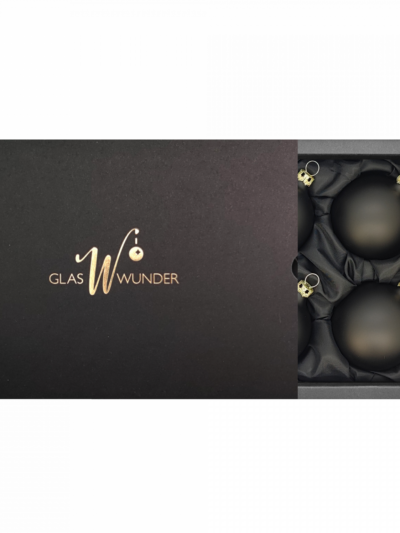 6er Set Christbaumkugeln mit 6cm Durchmesser in schwarz matt in einer schwarzen Verpackung mit goldenem GlasWunder Logo