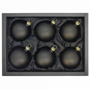6er Set Christbaumkugeln mit 6cm Durchmesser in schwarz matt in einem schwarzen Naturkarton