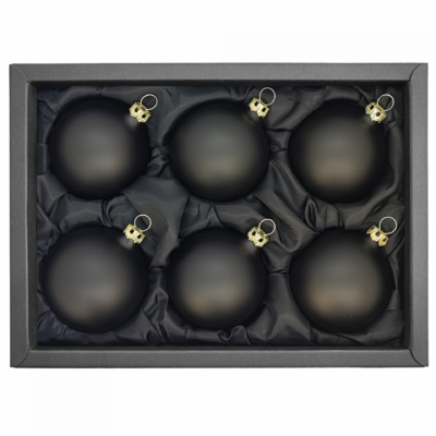 6er Set Christbaumkugeln mit 6cm Durchmesser in schwarz matt in einem schwarzen Naturkarton