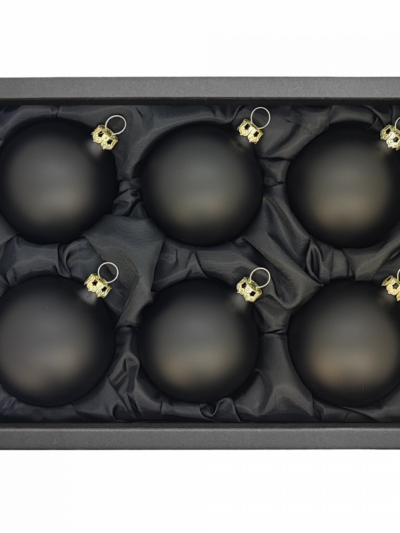 6er Set Christbaumkugeln mit 6cm Durchmesser in schwarz matt in einem schwarzen Naturkarton