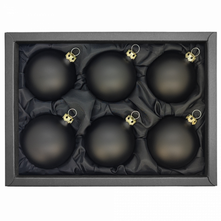 6er Set Christbaumkugeln mit 6cm Durchmesser in schwarz matt in einem schwarzen Naturkarton