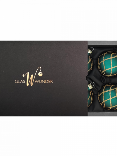 6er Set Christbaumkugeln mit 6cm Durchmesser in Petrol matt und goldenem Glitzer Rautennetz in schwarzer Verpackung und goldenem GlasWunder Logo