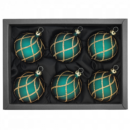 6er Set Christbaumkugeln mit 6cm Durchmesser in Petrol matt und goldenem Glitzer Rautennetz in schwarzem Naturkarton