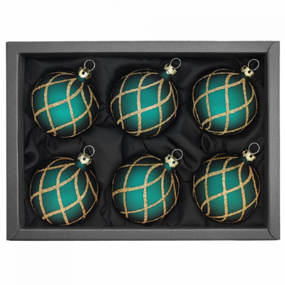 6er Set Christbaumkugeln mit 6cm Durchmesser in Petrol matt und goldenem Glitzer Rautennetz in schwarzem Naturkarton