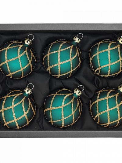 6er Set Christbaumkugeln mit 6cm Durchmesser in Petrol matt und goldenem Glitzer Rautennetz in schwarzem Naturkarton