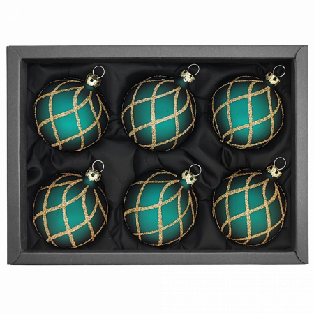 6er Set Christbaumkugeln mit 6cm Durchmesser in Petrol matt und goldenem Glitzer Rautennetz in schwarzem Naturkarton
