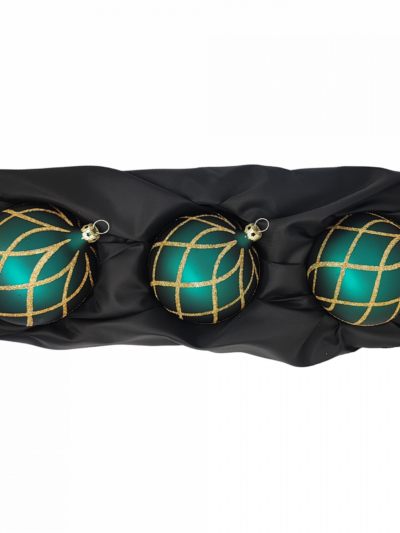 3er Set Christbaumkugeln aus Glas mit 8cm Durchmesser in Petrol matt und goldenem Glitzer Rautennetz auf schwarzem Seidentuch