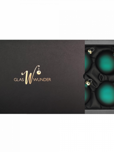 6er Set Christbaumkugeln mit 6cm Durchmesser in Petrol matt in schwarzer Verpackung mit goldenem Logo