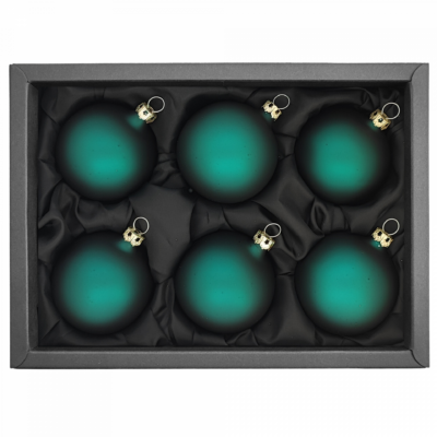 6er Set Christbaumkugeln mit 6cm Durchmesser in Petrol matt in einem schwarzen Naturkarton